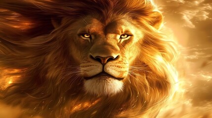 Naklejka premium Majestic Lion Portrait, A Golden Depiction of Strength and Wild Beauty