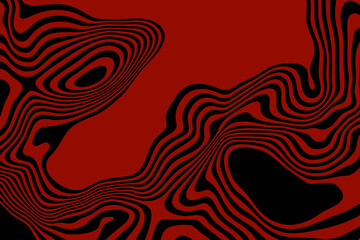 Optical art background, geometric red wave design on black background. Vector wave stripes abstract background.