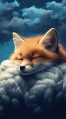 Adorable Fox Resting on a Cloud in a Realistic Dark Sky Environment with Animal Portraits