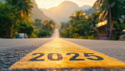 New year or new futuristic technology concept text "2025" on road