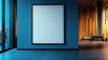 Modern lobby blank poster, city view