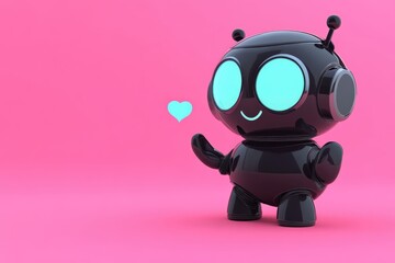 Cute Black Robot Character with Blue Eyes Holding a Heart on a Pink Background