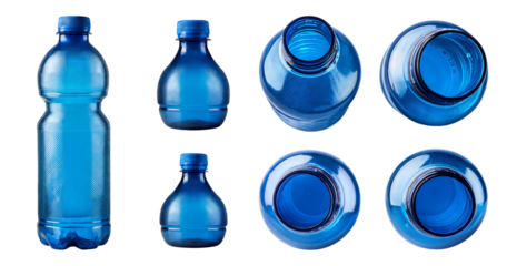 Various Blue Plastic Bottles and Jars Isolated on White Background, Bundle Set Collection, Isolated on Transparent Background