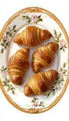 Artfully arranged freshly baked croissants on a beautiful porcelain plate in a realistic setting