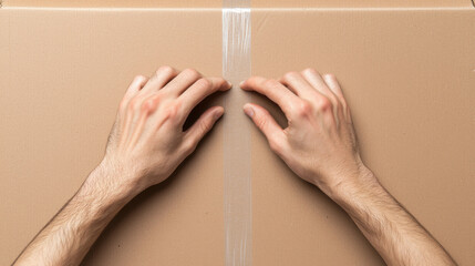 Hands sealing cardboard box with strong packing tape, showing focus and precision