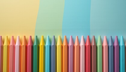 Flat lay set of wax crayons in variety of colors on pastel blue, green, yellow color paper background. Back to school concept, art school for children, stationery supplies, hobby and leisure for kids