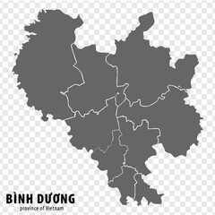 Blank map Binh Duong Province of Vietnam. High quality map Binh Duong with districts on transparent background for your web site design, logo, app, UI. Vietnam.  EPS10