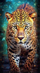 Obraz premium Leopard in stained glass art on dark background, full focus, detailed wildlife pattern