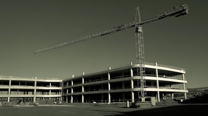 A construction crane beside a multi-story parking structure under development.