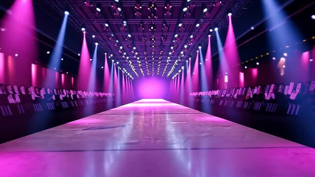 Vibrant fashion runway illuminated by colorful lights, showcasing a modern design event atmosphere