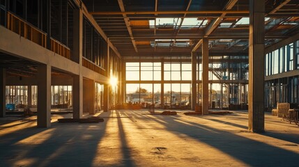 Obraz premium A construction site featuring an unfinished shopping mall with exposed steel framing.