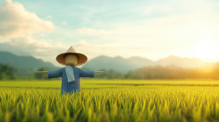 Scenic rice field with a charming scarecrow under a golden sunrise, highlighting agricultural beauty and rural tranquility.