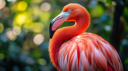 Obraz premium vibrant flamingo with striking orange feathers stands gracefully against blurred green background, showcasing its elegant neck and distinctive beak