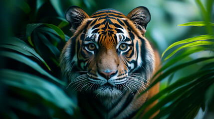 Fototapeta premium Majestic tiger peering through lush green foliage, showcasing its striking orange and black stripes. intense gaze reflects beauty and power of this magnificent creature