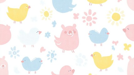 Cute Pastel Animals and Flowers Pattern for Children's Decor and Crafts