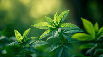 Fresh green leaves glisten in soft sunlight, showcasing their vibrant texture and intricate patterns. This serene natural scene evokes sense of tranquility and growth