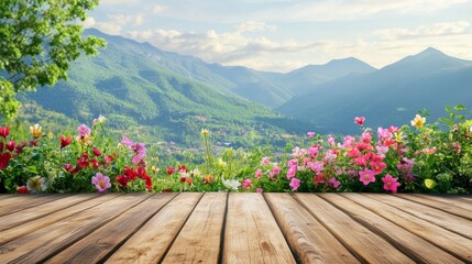 Fototapeta premium Tranquil rustic wooden table surrounded by a vibrant flower garden and majestic green mountains