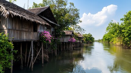 Obraz premium Traditional stilt houses of early ayutthaya thailand architecture riverside scenic view cultural heritage