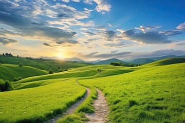 Fototapeta premium Picturesque Winding Path Through Green Grass Field in Hilly Morning Landscape