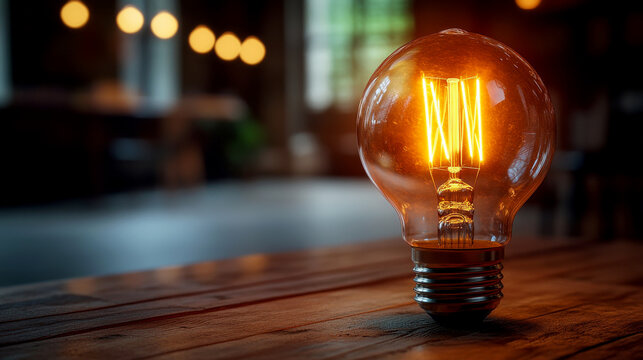 glowing vintage light bulb on wooden table, creating warm ambiance in cozy setting. soft background lights enhance inviting atmosphere