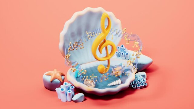 Scallop shell underwater and music notes, 3d rendering.