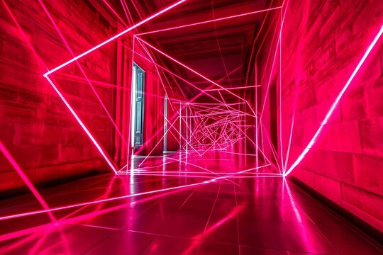 Neon Geometry: A captivating perspective of a corridor pulsating with vibrant red neon lines and geometric designs, creating a surreal and futuristic ambiance. - Powered by Adobe
