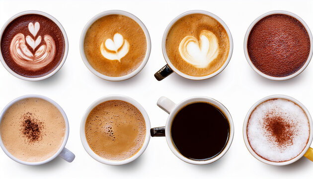 Coffee Variety: Top-Down Studio Shot of Eight Cups Displaying Different Coffee Types Including Latte Art, Cappuccino, and Black Coffee, Isolated on White Background, Ideal for Coffee Shop Menus, Bever