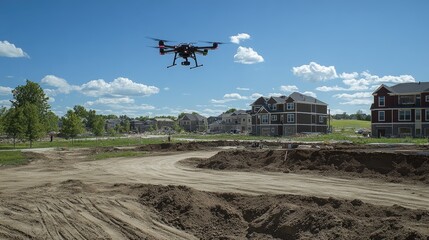 Fototapeta premium A high-tech land surveying drone capturing D terrain data over a construction site.