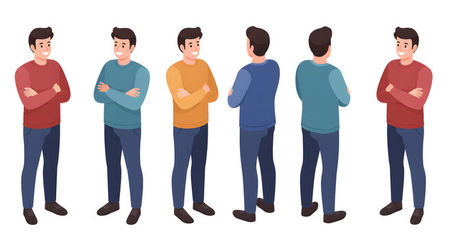 Isometric Man with Arms Crossed in Various Views