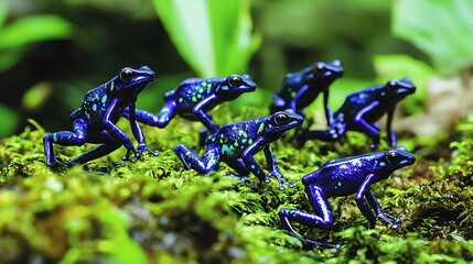 Enchanting group of blue poison dart frogs on vibrant green moss habitat