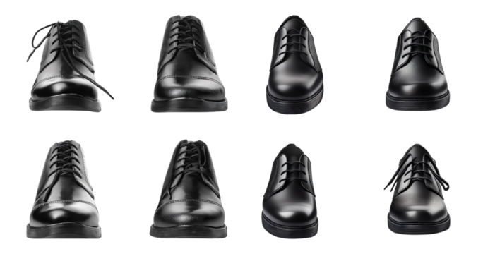 Elegant Black Dress Shoes Arranged in Varied Angles on White Background, Bundle Set Collection, Isolated on Transparent Background