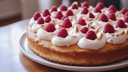 Delicious Raspberry Tart with Cream and Meringue Decoration