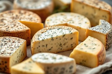 Artisanal Herb-Infused Traditional Cheese Wheels and Wedges A Rustic Gastronomic Still Life Composition