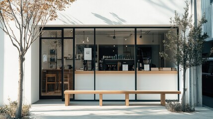 Naklejka premium A charming coffee shop with a minimalist design, featuring a white exterior, floor-to-ceiling glass windows, and a wooden bench.