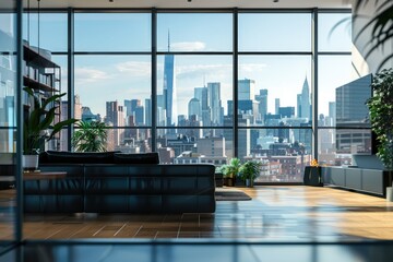 Loft Contemporary Interior Apartments with City Skyline and Buildings City From Glass Window