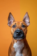 Obraz premium Miniature Bull Terrier dog on minimalistic colorful background with Copy Space. Perfect for banners, veterinary ads, pet food promotions, and minimalist designs.