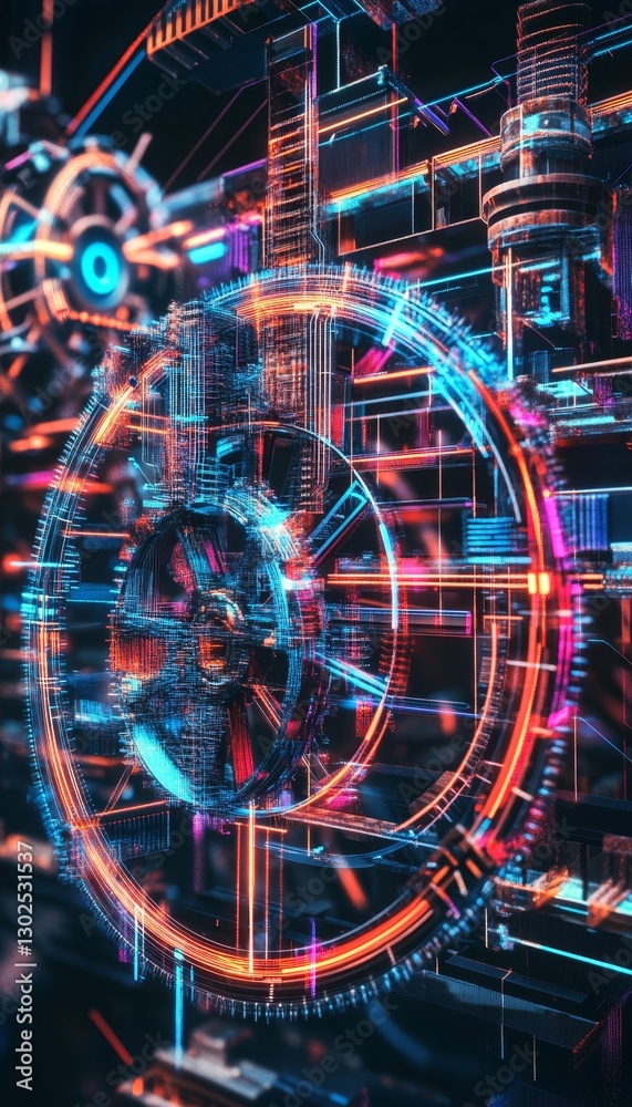 Wall mural futuristic tech ecosystem startups as cogs in a neon digital machine with intricate circuits