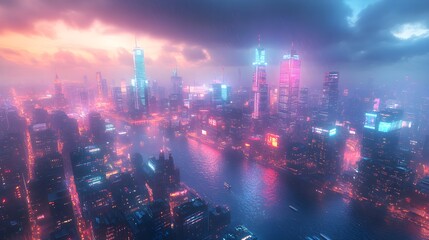 Obraz premium Futuristic City Skyline at Night with Neon Lights and Digital Screens for Technology-themed Designs and Gaming Content
