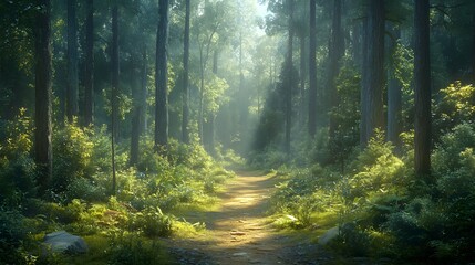 Obraz premium Serene Forest Pathway Surrounded by Tall Lush Green Trees