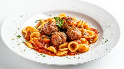 Fototapeta premium Close up of orecchiette with succulent beef meatballs topped with tomato sauce on a white plate
