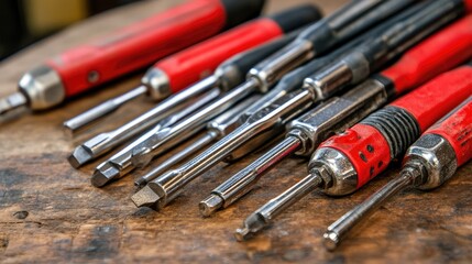 Fototapeta premium A magnetic screwdriver set with interchangeable bits displayed on a workbench.