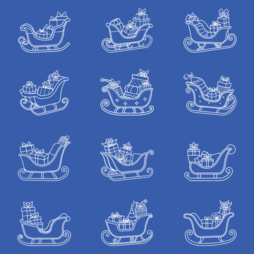 collaction of christmas sleigh outline illustration with gifts box 