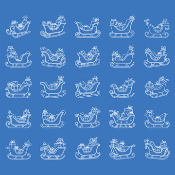 collaction of christmas sleigh outline illustration with gifts box 