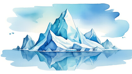 Fototapeta premium Watercolor Ice Mountain Landscape with Water Reflection and Sky Texture