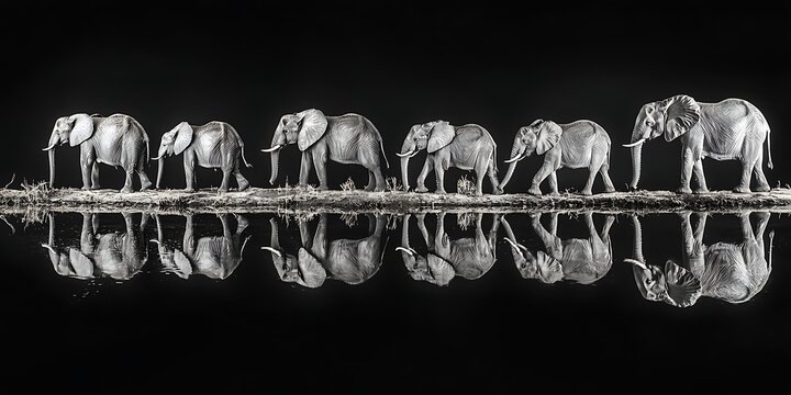 Monochromatic march, a procession of elephants mirrored in tranquil waters