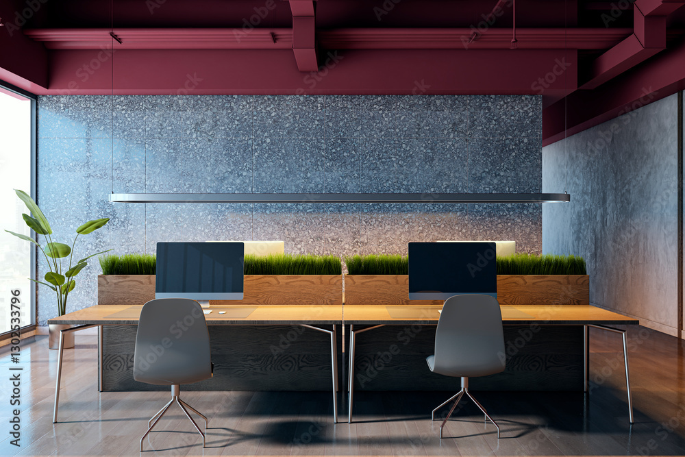 Poster modern office interior with wooden desk and computer monitors. 3d rendering