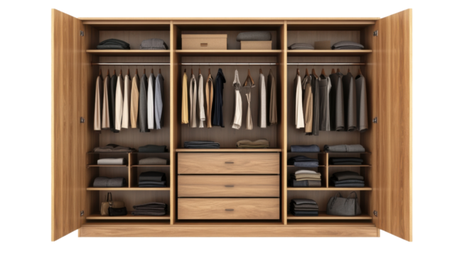 A wooden wardrobe with open doors revealing neatly organized clothes, showcasing various outfits and hangers, isolated on a transparent background, emphasizing the spacious interior.