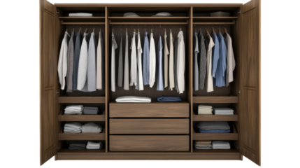A wooden wardrobe with open doors revealing neatly organized clothes, showcasing various outfits and hangers, isolated on a transparent background, emphasizing the spacious interior.