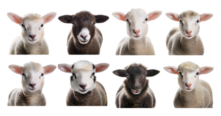 Diverse Faces of Sheep with Unique Features and Expressions, Bundle Set Collection, Isolated on Transparent Background