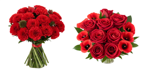 Two Different Style Various Red Flowers on White Background, Beautiful Red Flowers, Fresh Floral Display, PNG Transparent
